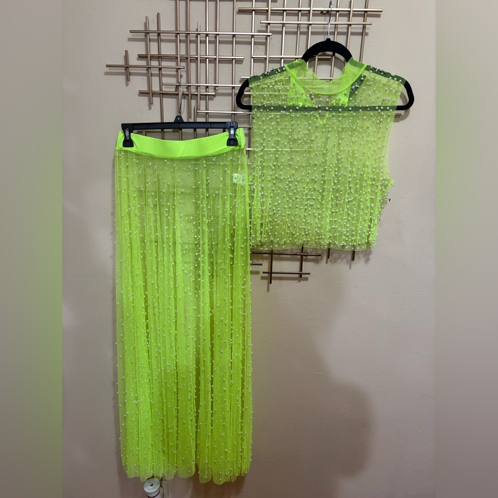 Akira Neon Green Beaded Mesh Skirt Set